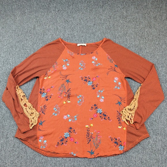 c'isa Vintage Boho Floral Striped Crochet Lace Raglan Top Large Rust Orange — photo 2